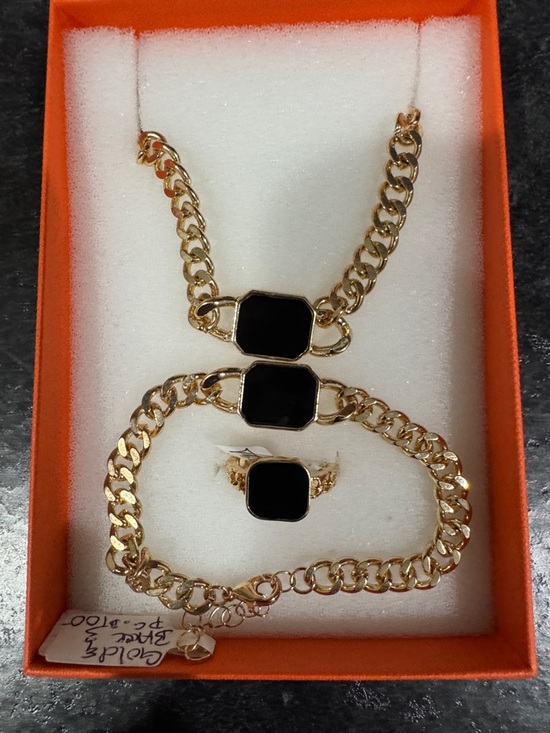 Jewelry - Gold-Tone Black Enamel Bracelet, Necklace & Ring Set